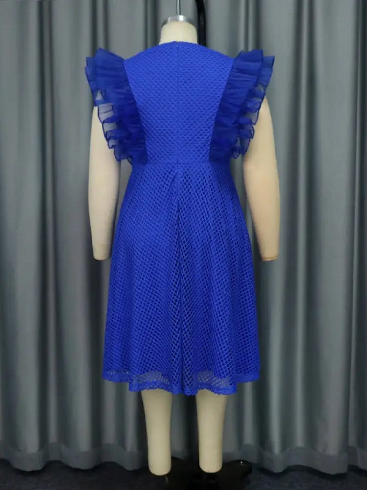 Blue Mesh Party Dress O Neck Ruffles Fish Net A Line