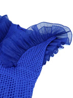 Blue Mesh Party Dress O Neck Ruffles Fish Net A Line