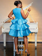 Blue Patchwork Deep V Neck Sleeveless A Line Cake Dress