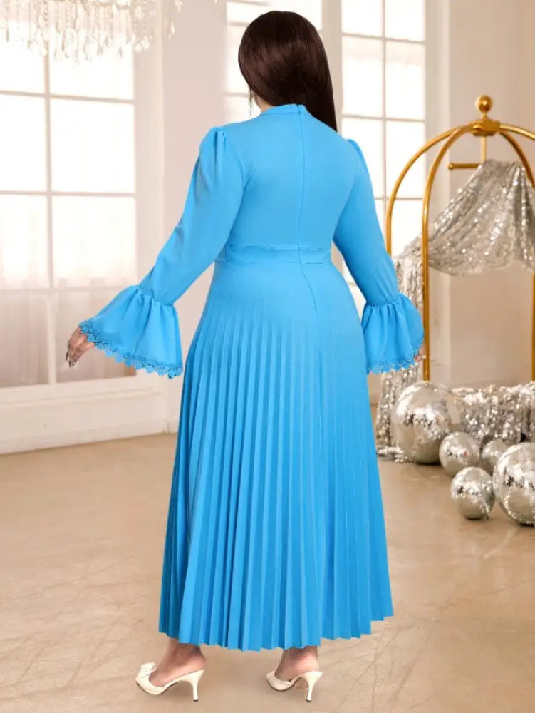 Blue Pleated Maxi Dress Stand Collar Long Flare Sleeves