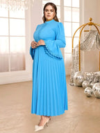 Blue Pleated Maxi Dress Stand Collar Long Flare Sleeves