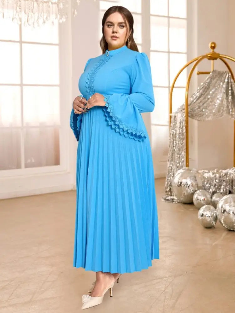 Blue Pleated Maxi Dress Stand Collar Long Flare Sleeves
