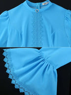 Blue Pleated Maxi Dress Stand Collar Long Flare Sleeves