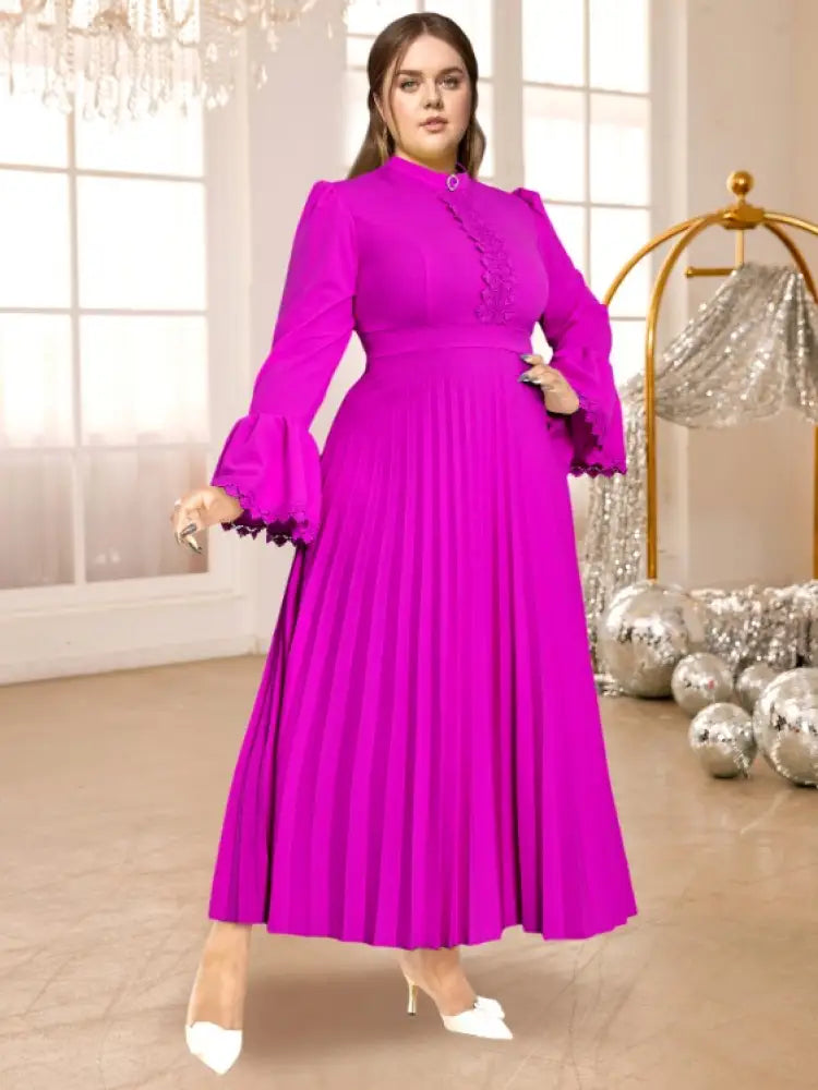 Blue Pleated Maxi Dress Stand Collar Long Flare Sleeves