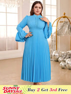 Blue Pleated Maxi Dress Stand Collar Long Flare Sleeves