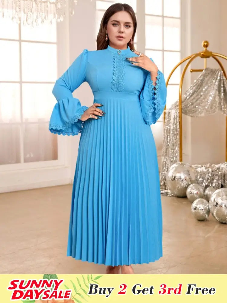 Blue Pleated Maxi Dress Stand Collar Long Flare Sleeves