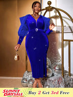 Blue Velvet Glitter Christmas Dress V Neck Lantern Sleeves