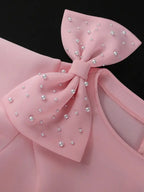 Bodycon Dress O Neck Bow Beading Short Sleeve High Waist