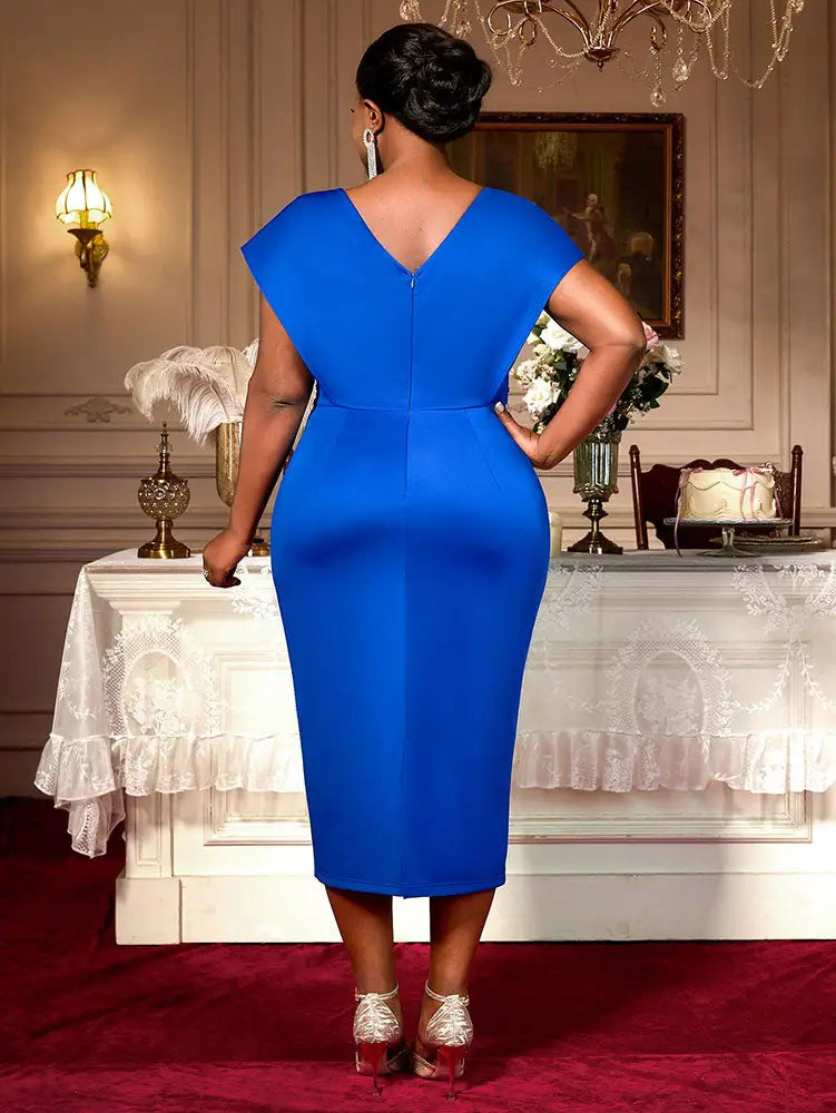 Bodycon Dresses Shiny Waist Belt V Neck Elegant Plus Size Women