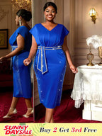 Bodycon Dresses Shiny Waist Belt V Neck Elegant Plus Size Women