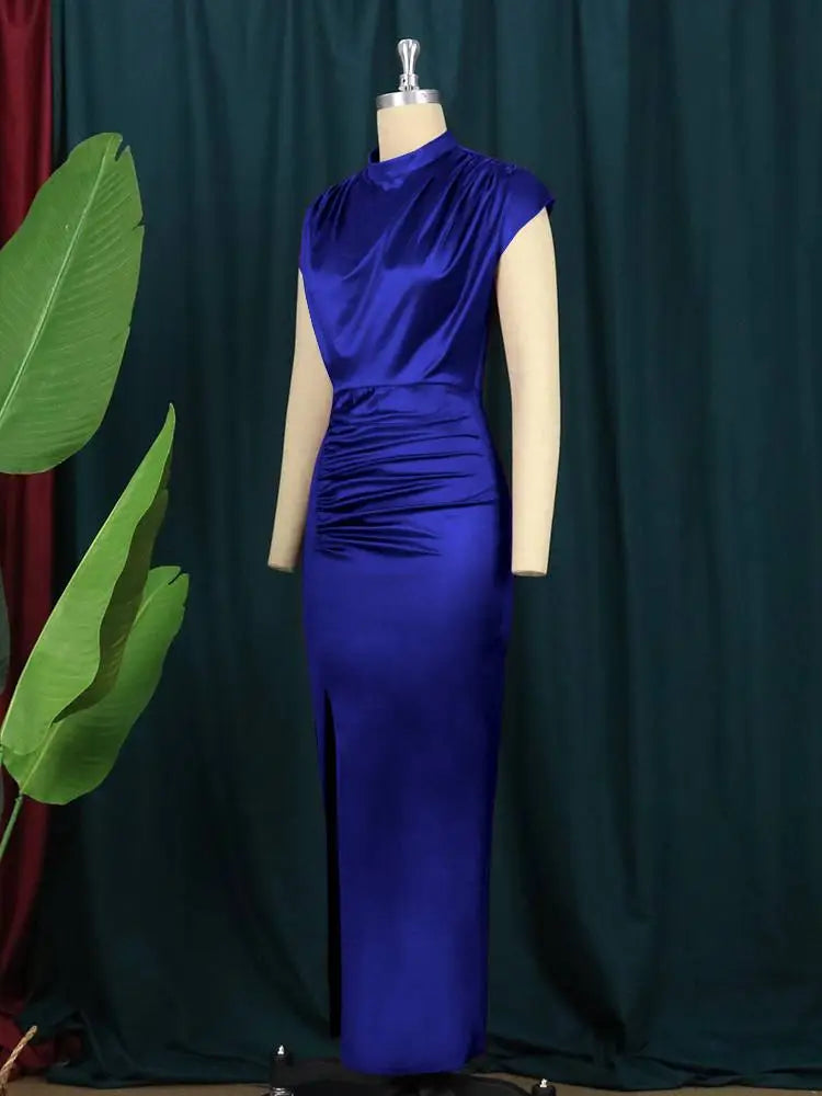 Bodycon Long Dress Women Ruched Slit Cocktail Party Dresses