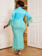 Bodycon Mermaid Dress V Neck Flare Sleeve Lace Patchwork