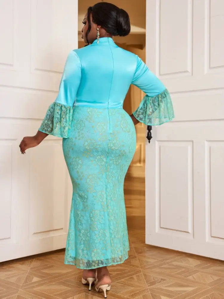 Bodycon Mermaid Dress V Neck Flare Sleeve Lace Patchwork