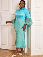 Bodycon Mermaid Dress V Neck Flare Sleeve Lace Patchwork