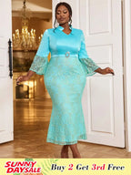 Bodycon Mermaid Dress V Neck Flare Sleeve Lace Patchwork