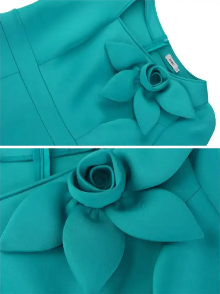 Bodycon Midi Dresses Irregular Neck 3D Flower Short Sleeve