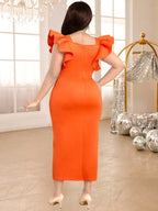 Bodycon Orange Dress Square Collar Flying Sleeve Beading