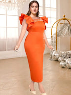 Bodycon Orange Dress Square Collar Flying Sleeve Beading