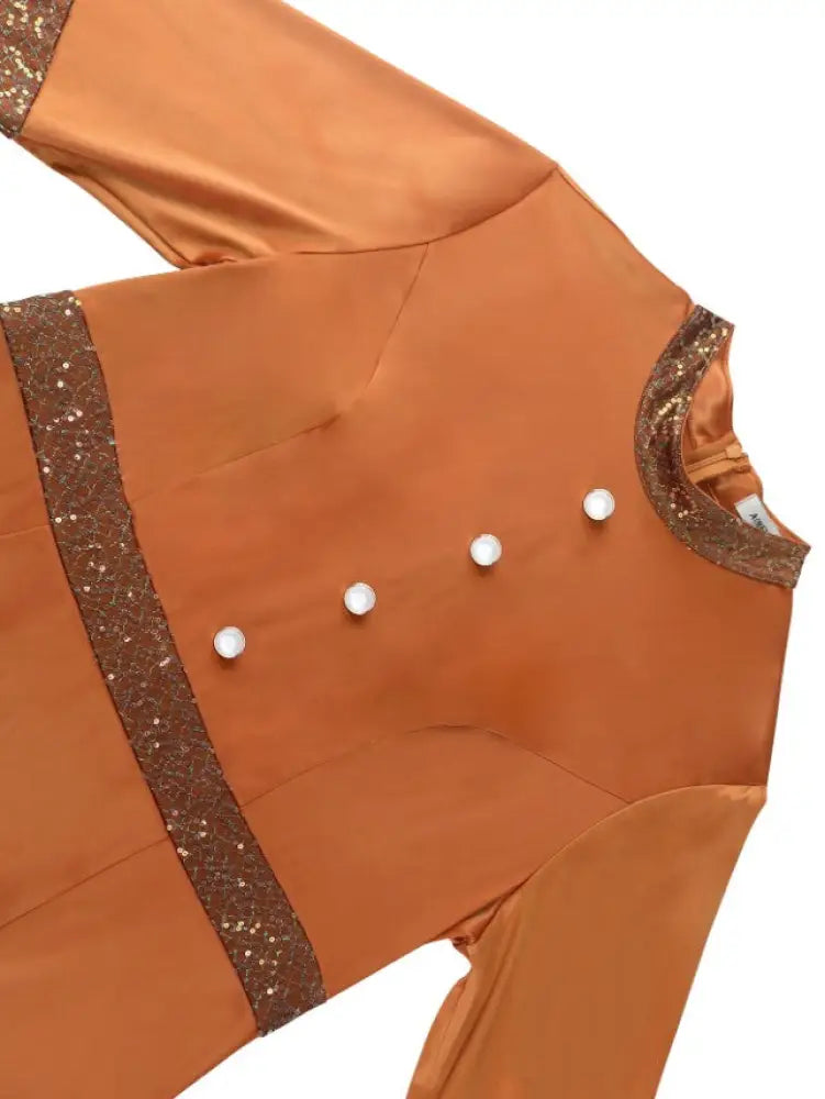 Brown Dress O Neck Flare Sleeve A Line Sparkly Patchwork
