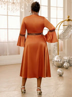 Brown Dress O Neck Flare Sleeve A Line Sparkly Patchwork