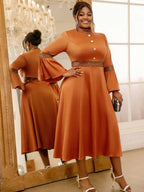 Brown Dress O Neck Flare Sleeve A Line Sparkly Patchwork