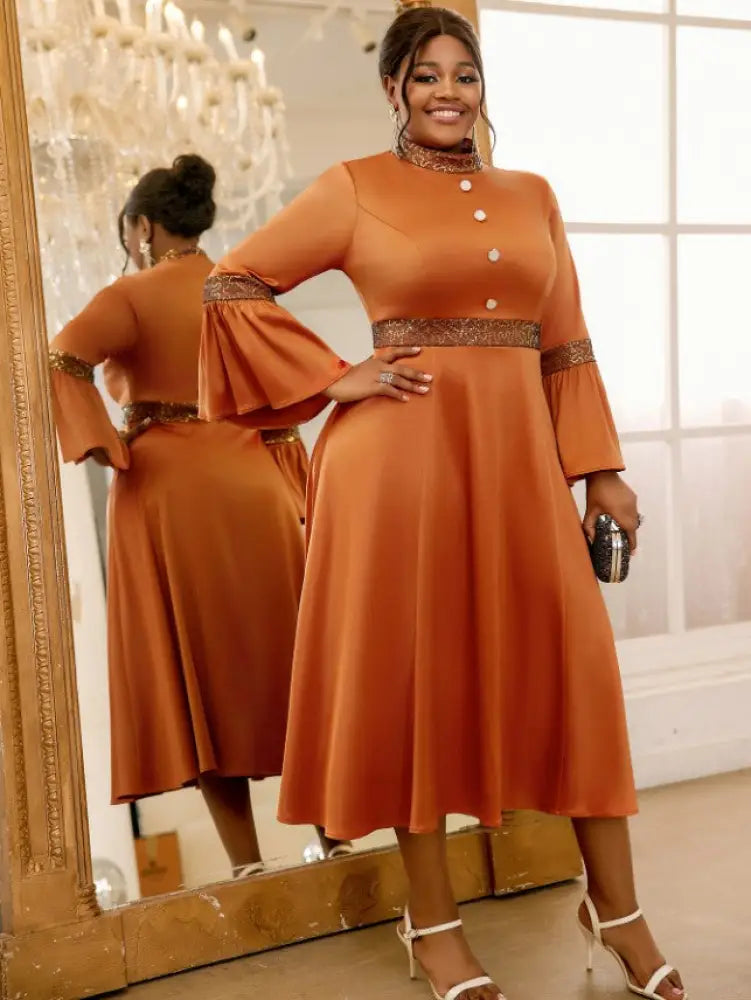Brown Dress O Neck Flare Sleeve A Line Sparkly Patchwork