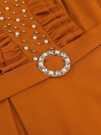 Brown V Neck Dress Nail Bead Ruffles Lantern Sleeve A Line