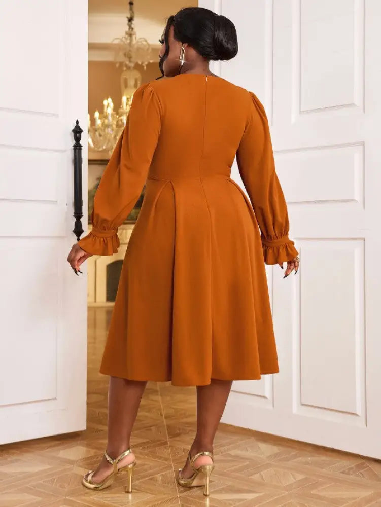 Brown V Neck Dress Nail Bead Ruffles Lantern Sleeve A Line