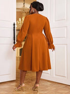 Brown V Neck Dress Nail Bead Ruffles Lantern Sleeve A Line
