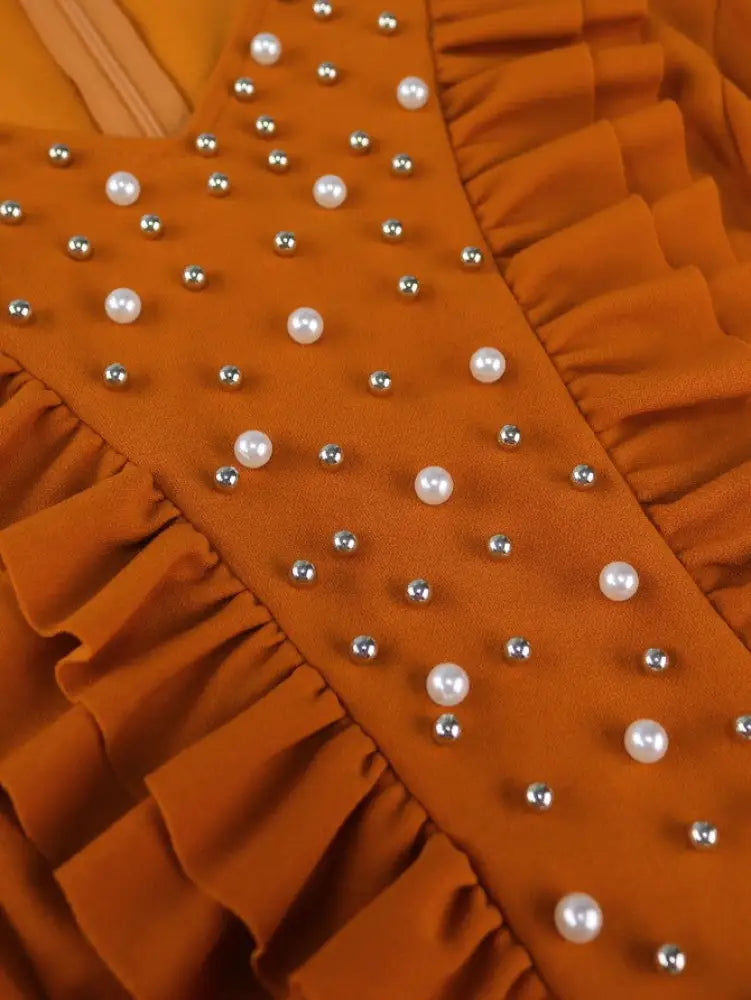 Brown V Neck Dress Nail Bead Ruffles Lantern Sleeve A Line