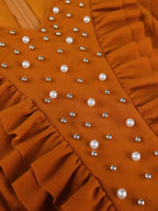 Brown V Neck Dress Nail Bead Ruffles Lantern Sleeve A Line