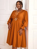 Brown V Neck Dress Nail Bead Ruffles Lantern Sleeve A Line