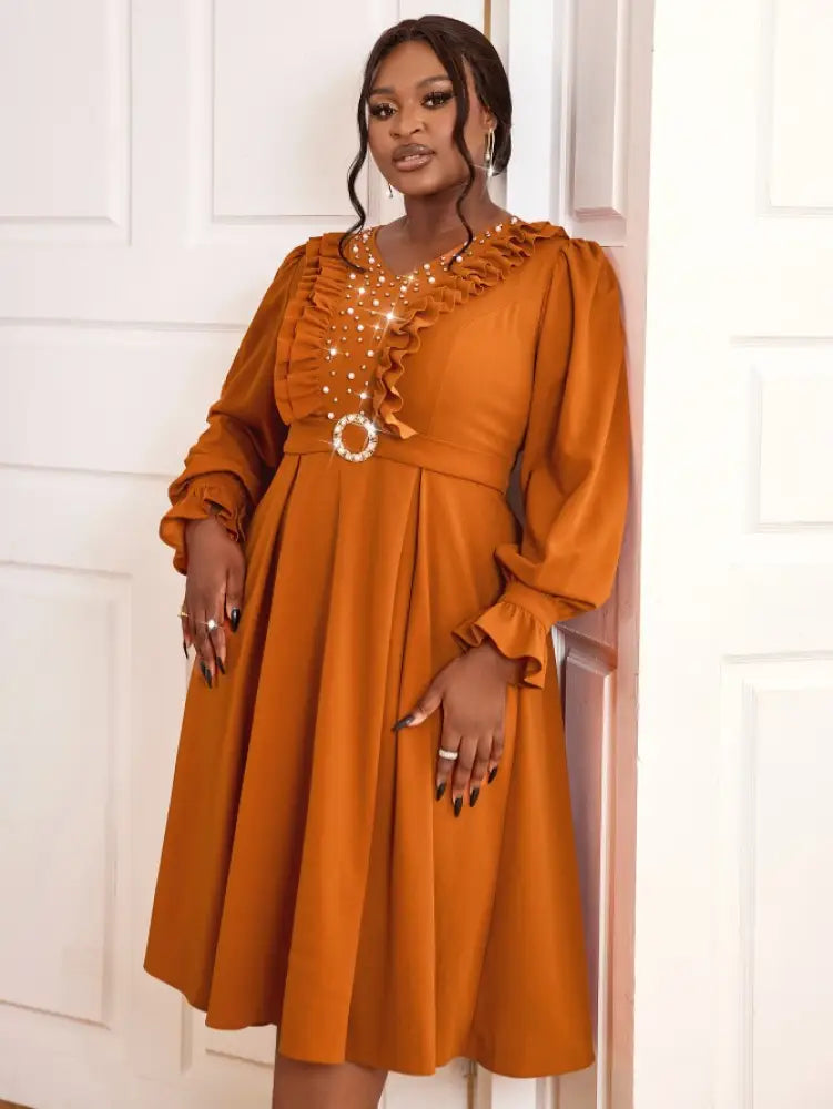 Brown V Neck Dress Nail Bead Ruffles Lantern Sleeve A Line