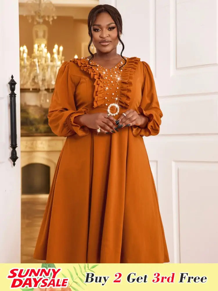 Brown V Neck Dress Nail Bead Ruffles Lantern Sleeve A Line