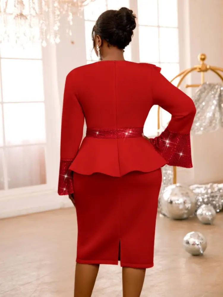 Church Dresses Ruffles Long Flare Sleeves Sequined Peplum