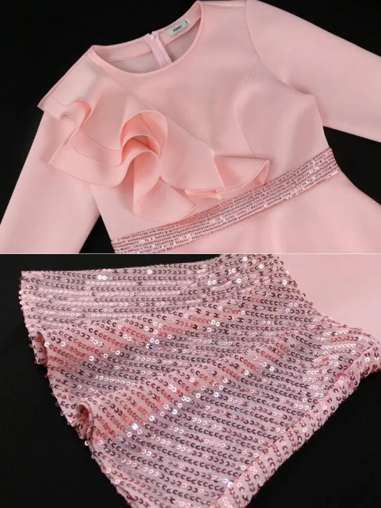 Church Dresses Ruffles Long Flare Sleeves Sequined Peplum