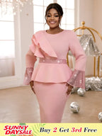 Church Dresses Ruffles Long Flare Sleeves Sequined Peplum