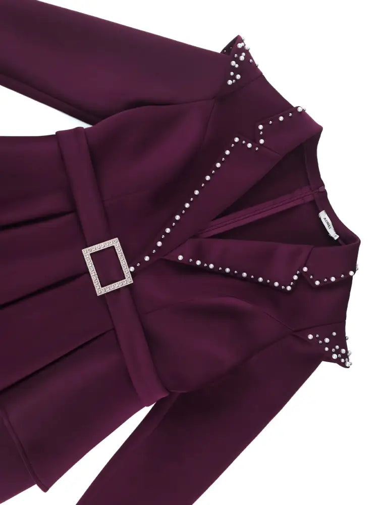 Classy Midi Dress for Women V Neck Beaded Long Sleeve