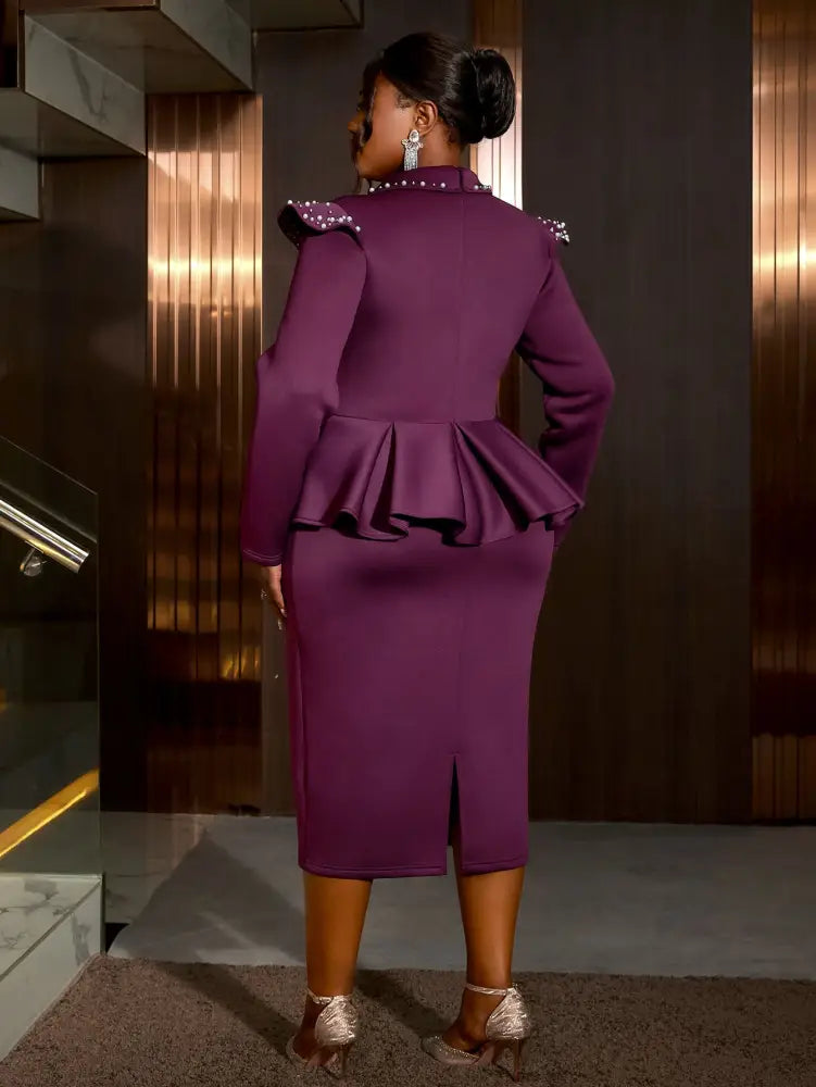 Classy Midi Dress for Women V Neck Beaded Long Sleeve