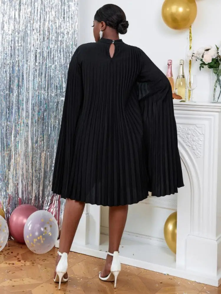 Cloak Sleeves Stand Collar Loose Pleated Party Dress