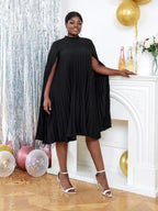 Cloak Sleeves Stand Collar Loose Pleated Party Dress