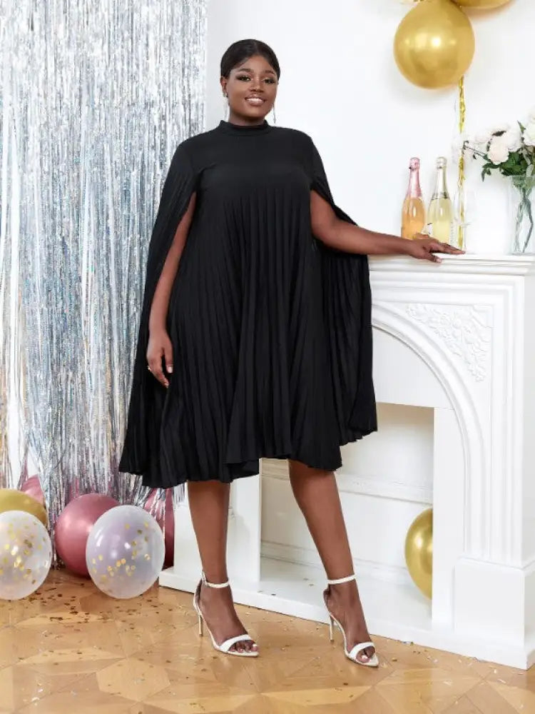 Cloak Sleeves Stand Collar Loose Pleated Party Dress