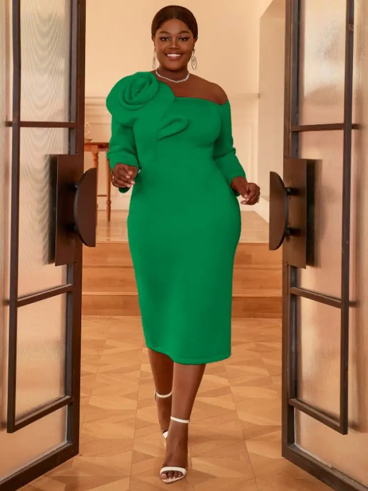 Cold Shoulder Dress Long Sleeve Flower Appliques Bodycon