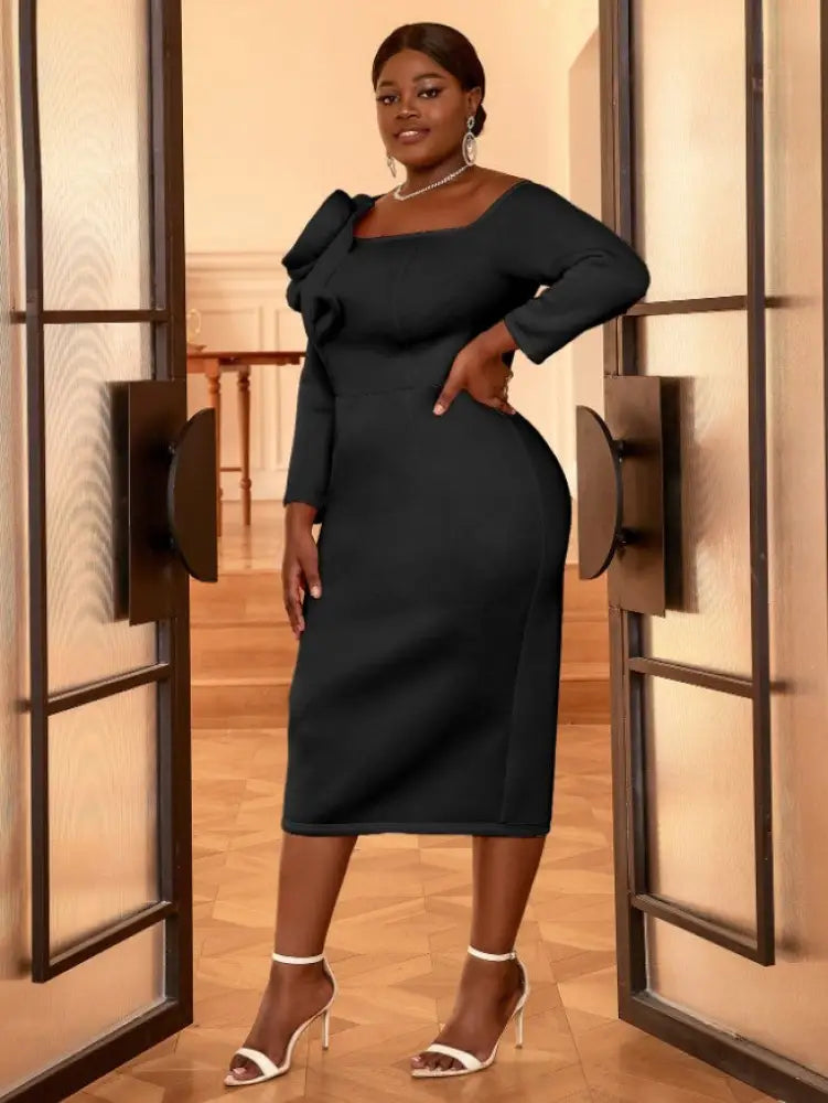 Cold Shoulder Dress Long Sleeve Flower Appliques Bodycon