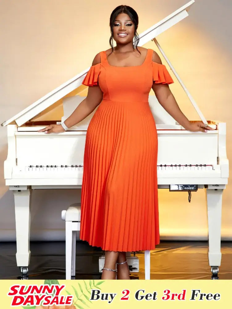 Cold Shoulder Square Collar Orange Pleated A Line Dress