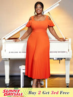 Cold Shoulder Square Collar Orange Pleated A Line Dress