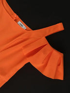 Cold Shoulder Square Collar Orange Pleated A Line Dress