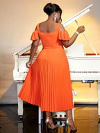 Cold Shoulder Square Collar Orange Pleated A Line Dress