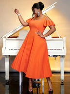 Cold Shoulder Square Collar Orange Pleated A Line Dress