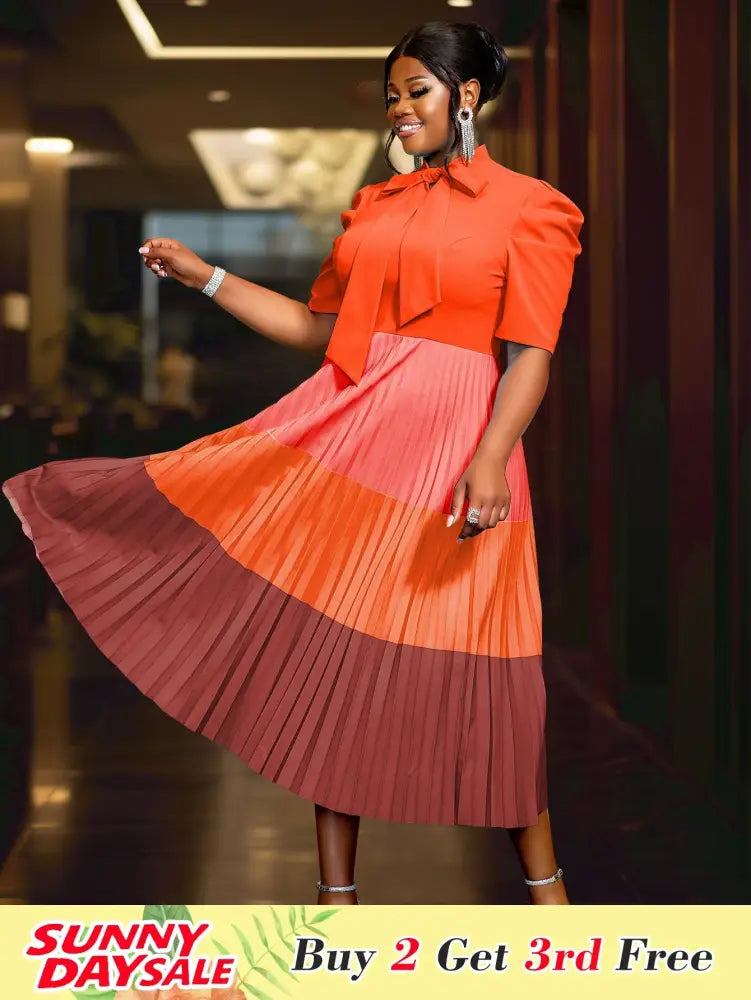 Color Block Mock Neck Bowtie Short Sleeve Pleated Dress